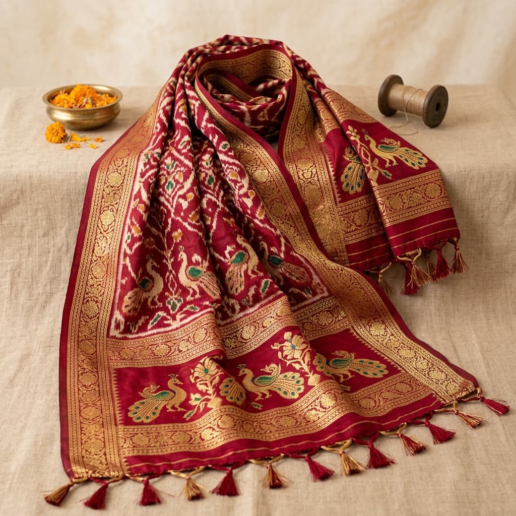 Sambalpuri Dupatta — Crimson Peacock — Sambalpuri Dupatta handwoven by artisans from Sonepur, Odisha. Pure Cotton. Available at Ambika Handloom.