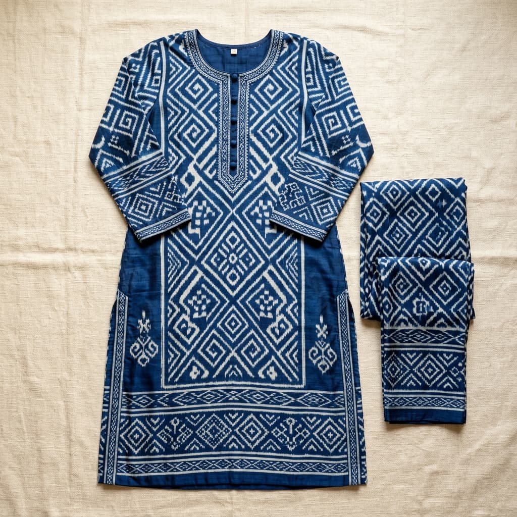 Ikat Silk Kurta Set — Indigo Bloom — Ikat Kurta Set handwoven by artisans from Bargarh, Odisha. Pure Cotton Ikat. Available at Ambika Handloom.