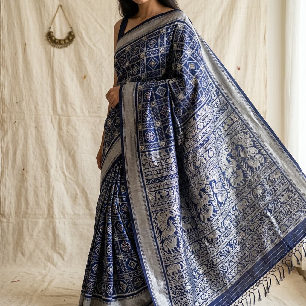 Samudra — The Deep Ocean — Traditional Ikat handwoven by artisans from Sonepur, Odisha. Pure Mulberry Silk. Available at Ambika Handloom.