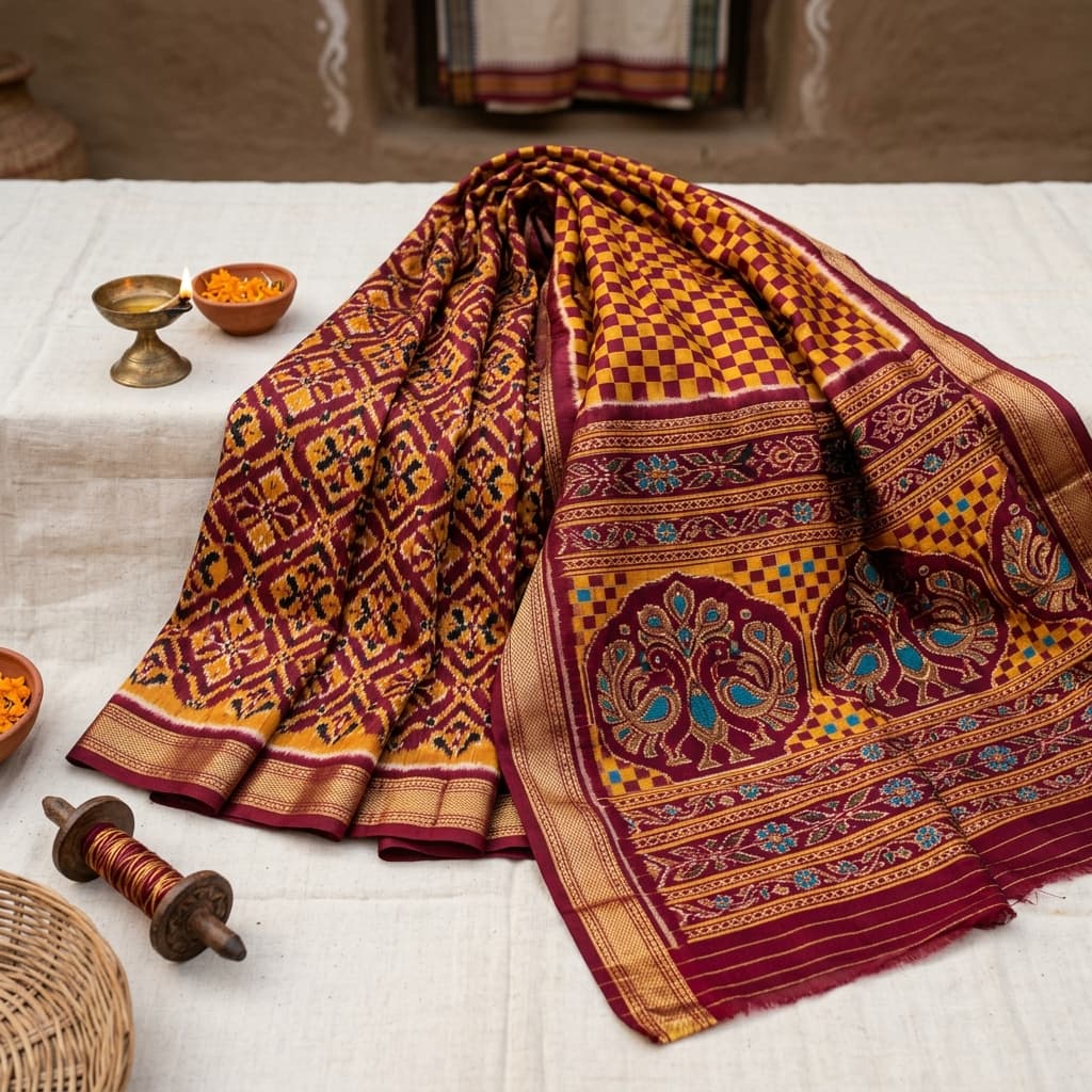 Agnishikha — The Flame Crest — Exclusive Masterpiece handwoven by artisans from Bargarh, Odisha. Pure Kosa Silk. Available at Ambika Handloom.